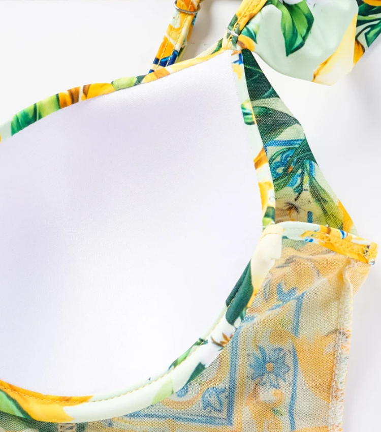 V Neck Blue Mediterranean Print One Piece Swimsuit and Mesh Splicing Skirt Flaxmaker