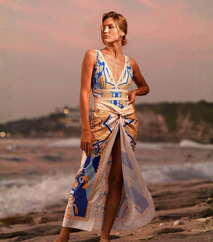 V Neck Pattern Print One Piece Swimsuit and Sarong or Pants