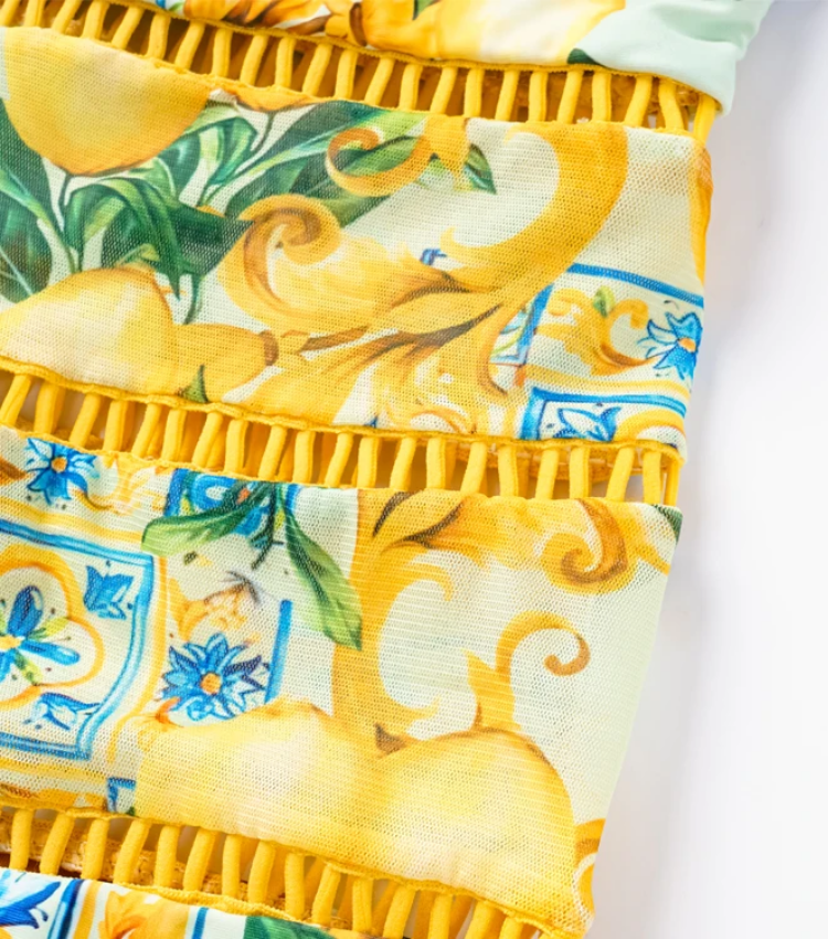 V Neck Blue Mediterranean Print One Piece Swimsuit and Mesh Splicing Skirt Flaxmaker