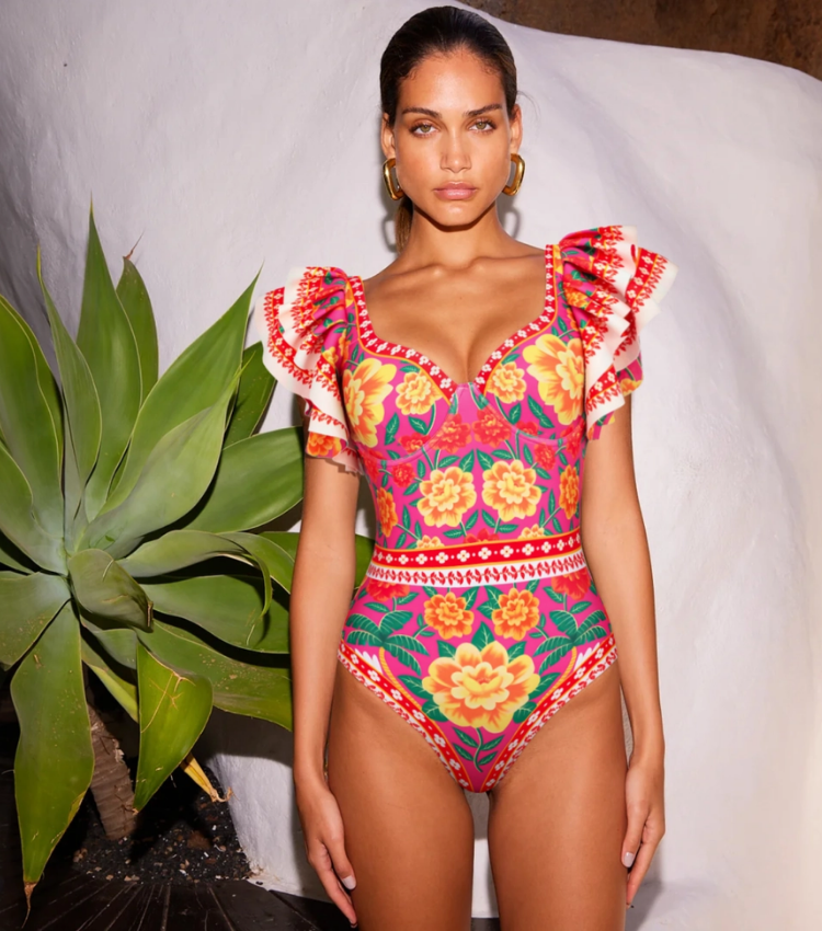 Ruffled Contrast Print One Piece Swimsuit and Sarong Flaxmaker