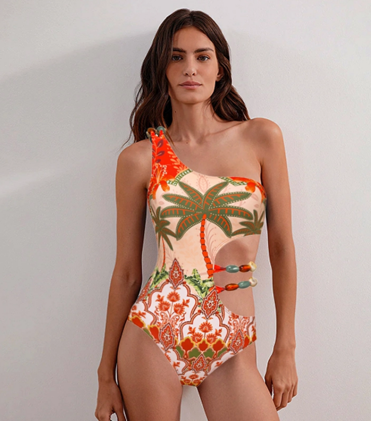 Beaded Cutout One Shoulder Coconut Palm Print One Piece Swimsuit and Skirt