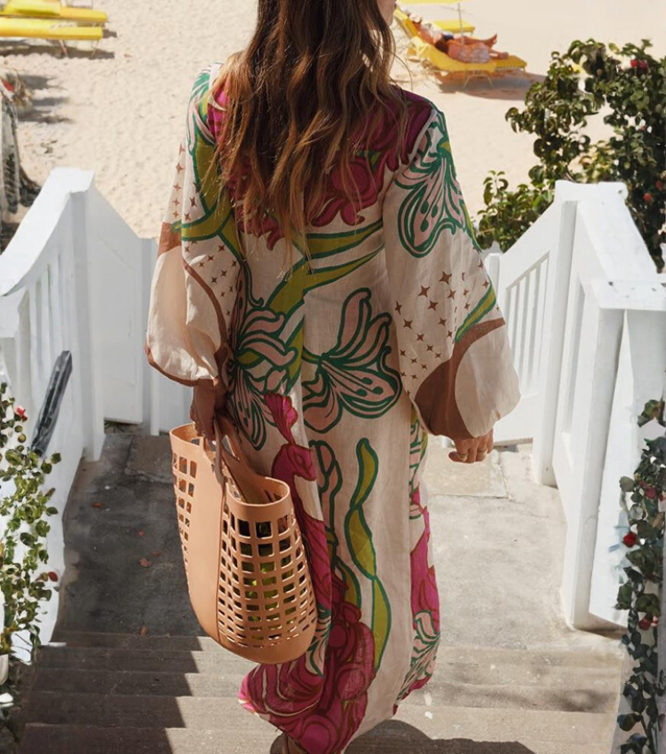 Puff Sleeve V Neck Printed Dress