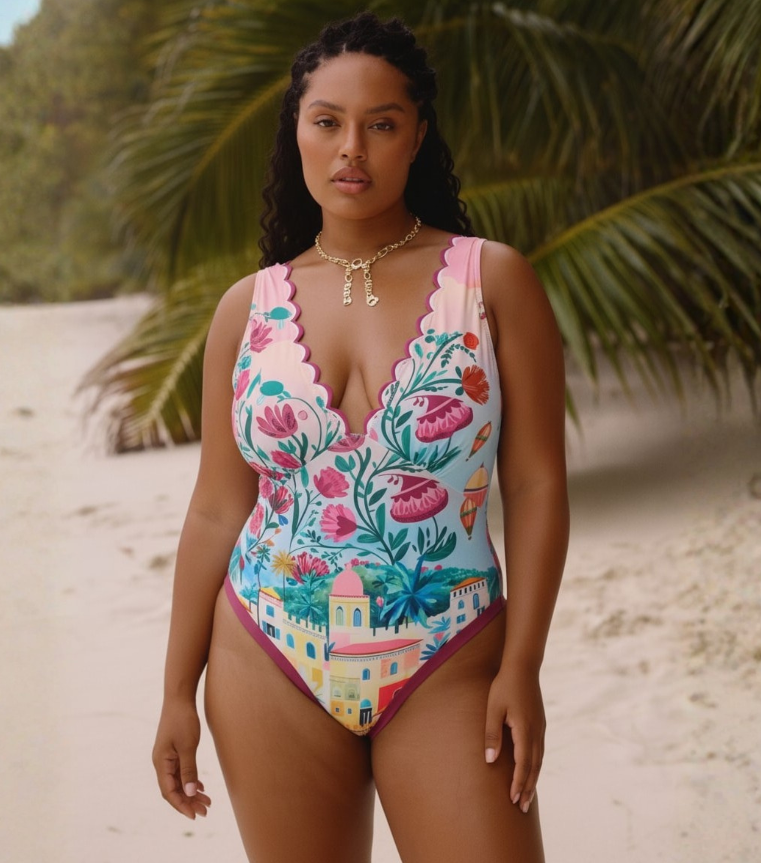 Plus Size Scallop Cut Neck One Piece Swimsuit and Skirt