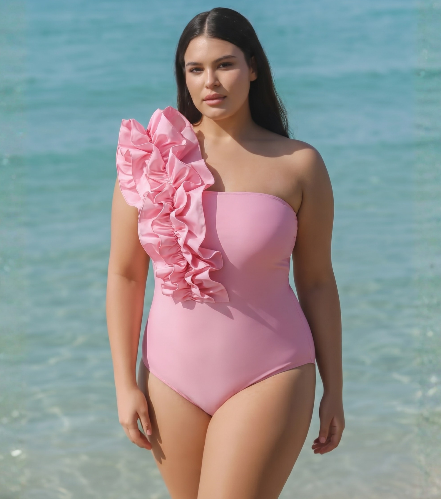Plus Size One Shoulder Ruffle Solid Color One Piece Swimsuit and Skirt