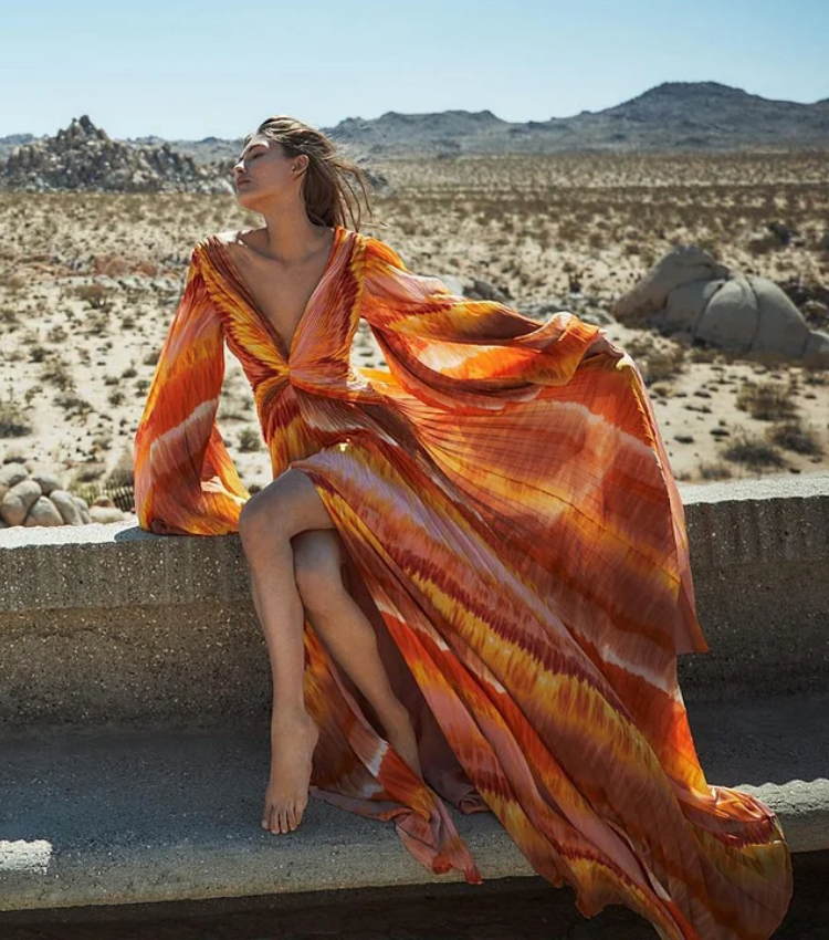 Long Sleeve V Neck Orange Gradient Print One Piece Swimsuit and Skirt