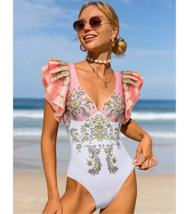 Retro Court Color Contrast Ruffles One Piece Swimsuit and Skirt Flaxmaker