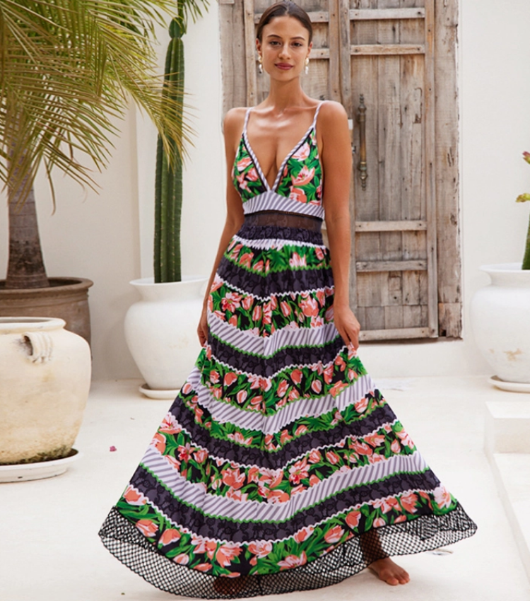 Sling Lace Splicing Printed Swimsuit and Skirt