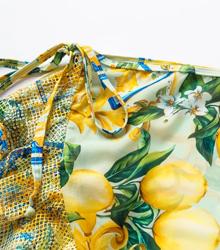 V Neck Blue Mediterranean Print One Piece Swimsuit and Mesh Splicing Skirt Flaxmaker