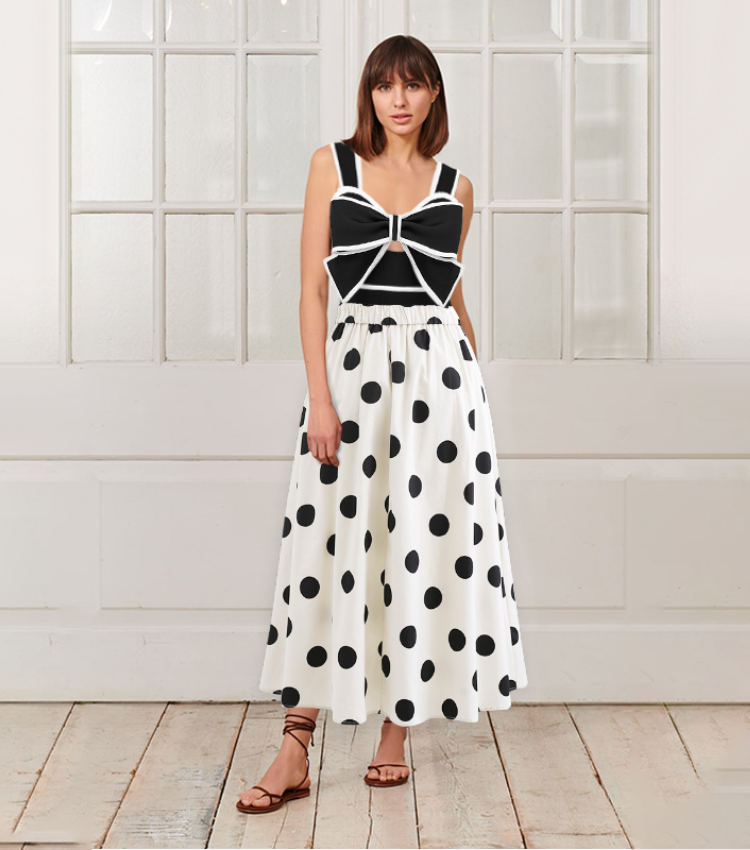 Black and White Bow Decor One Piece Swimsuit and Skirt Flaxmaker