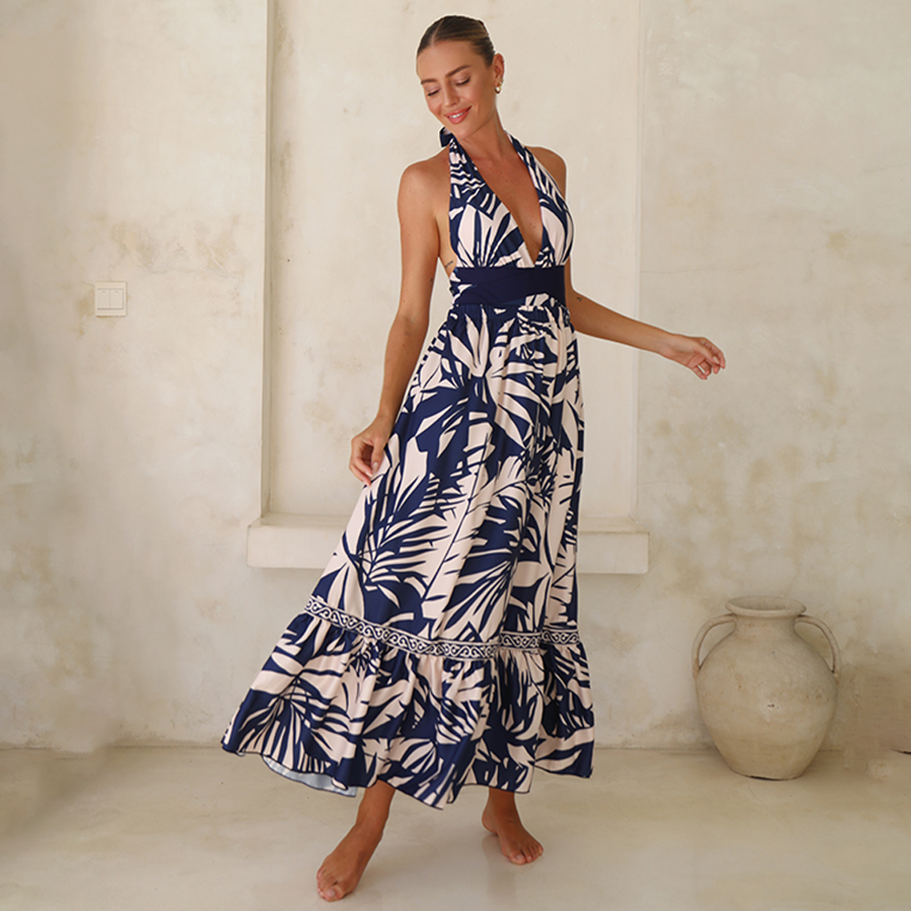 V Neck Leaves Print One Piece Swimsuit and Pants/Skirt