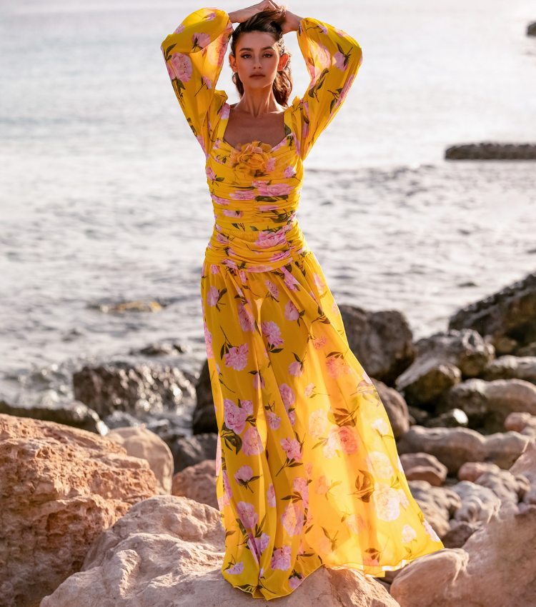 3D Flower Shirring Printed Chiffon Long Sleeves One Piece Swimsuit and Skirt