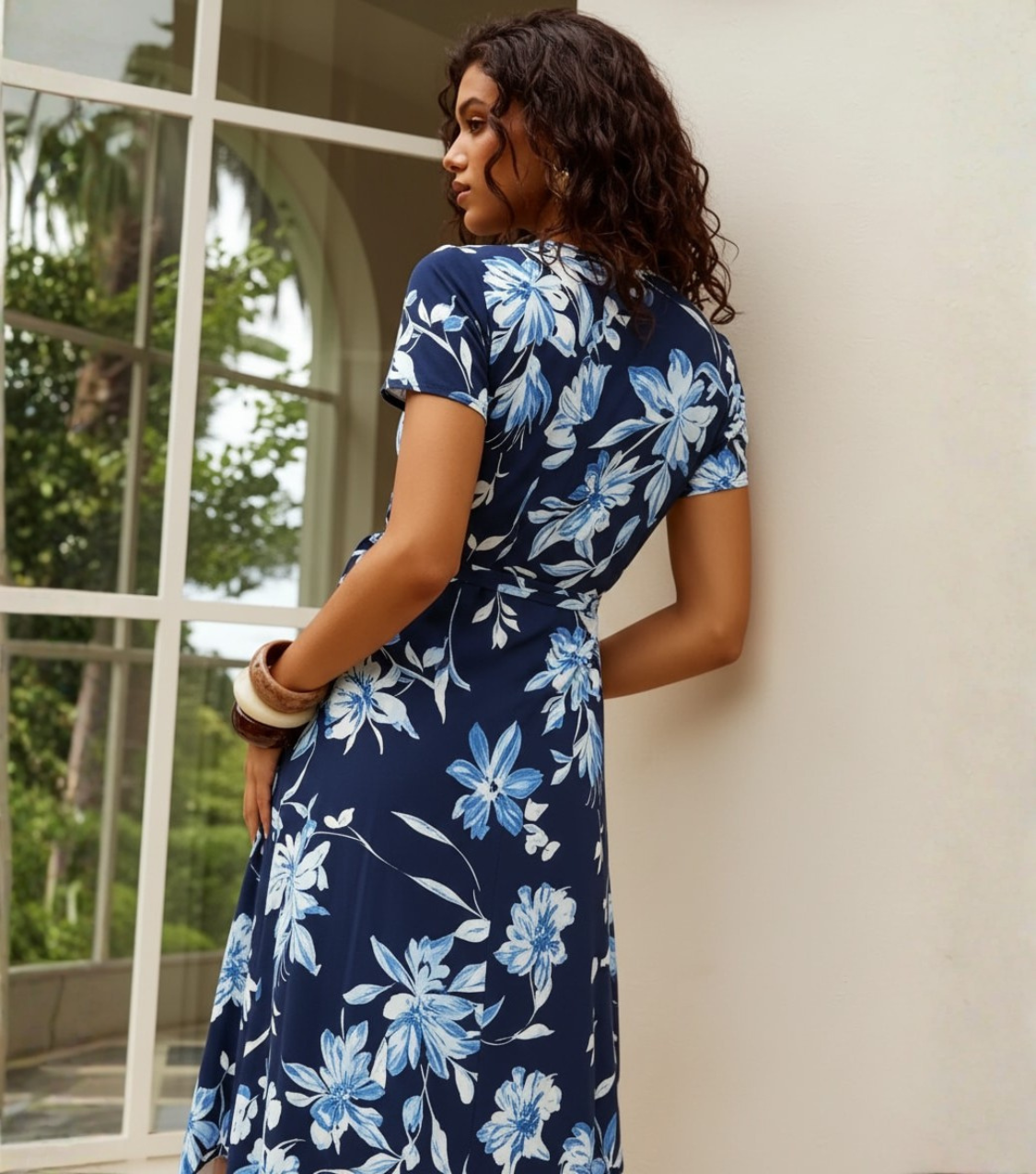 Blue Floral Short Sleeve Wrap Midi Dress