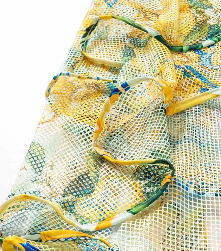 V Neck Blue Mediterranean Print One Piece Swimsuit and Mesh Splicing Skirt Flaxmaker