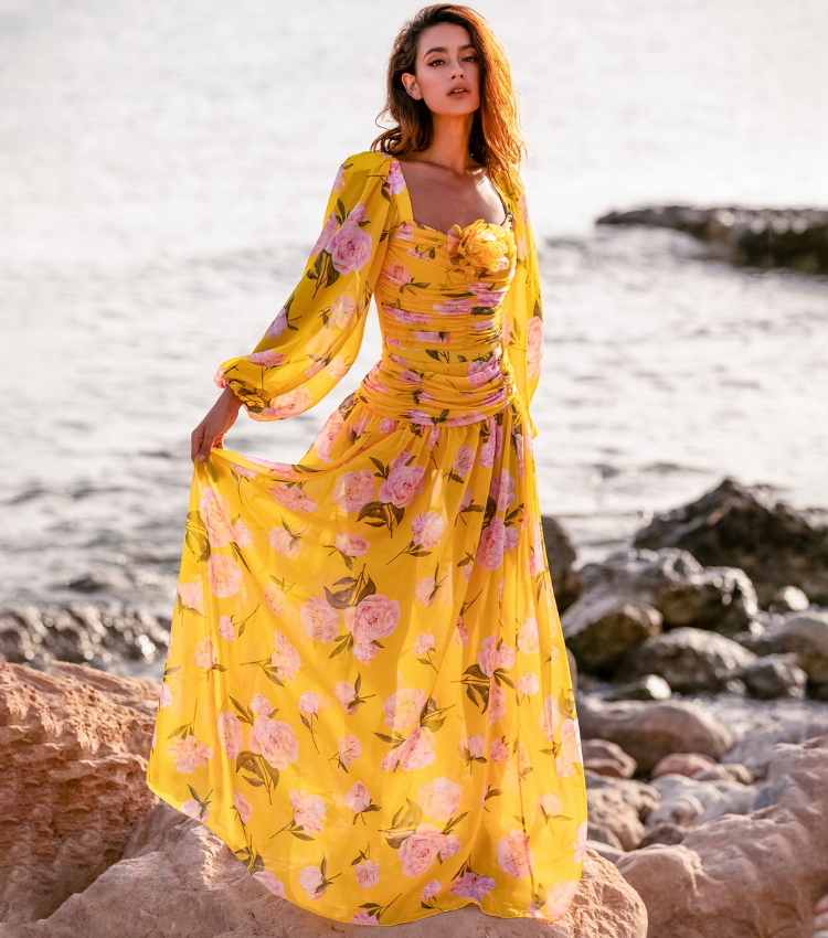 3D Flower Shirring Printed Chiffon Long Sleeves One Piece Swimsuit and Skirt