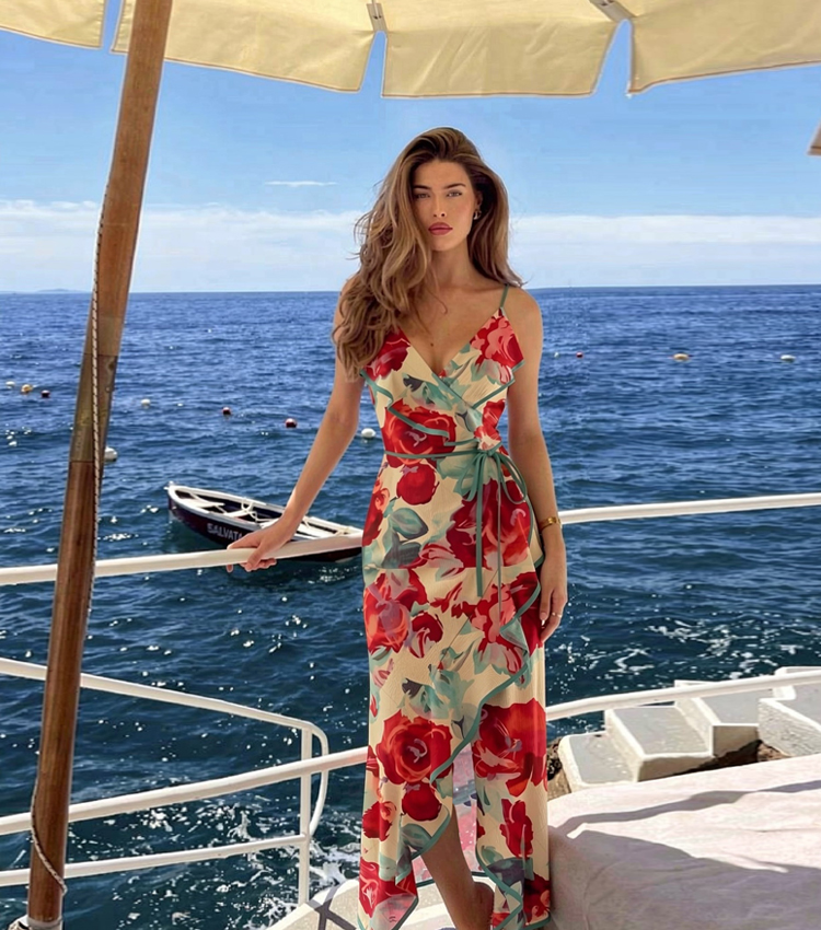 Printed Camisole Asymmetric Maxi Dress