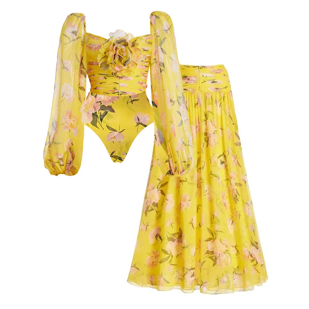 3D Flower Shirring Printed Chiffon Long Sleeves One Piece Swimsuit and Skirt