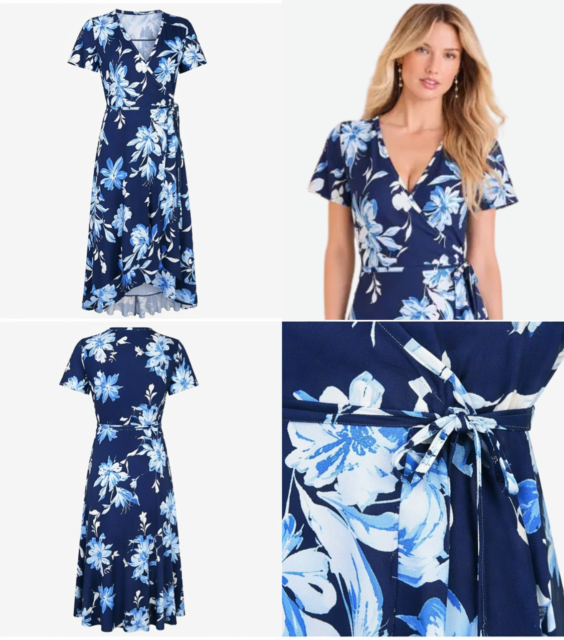 Blue Floral Short Sleeve Wrap Midi Dress
