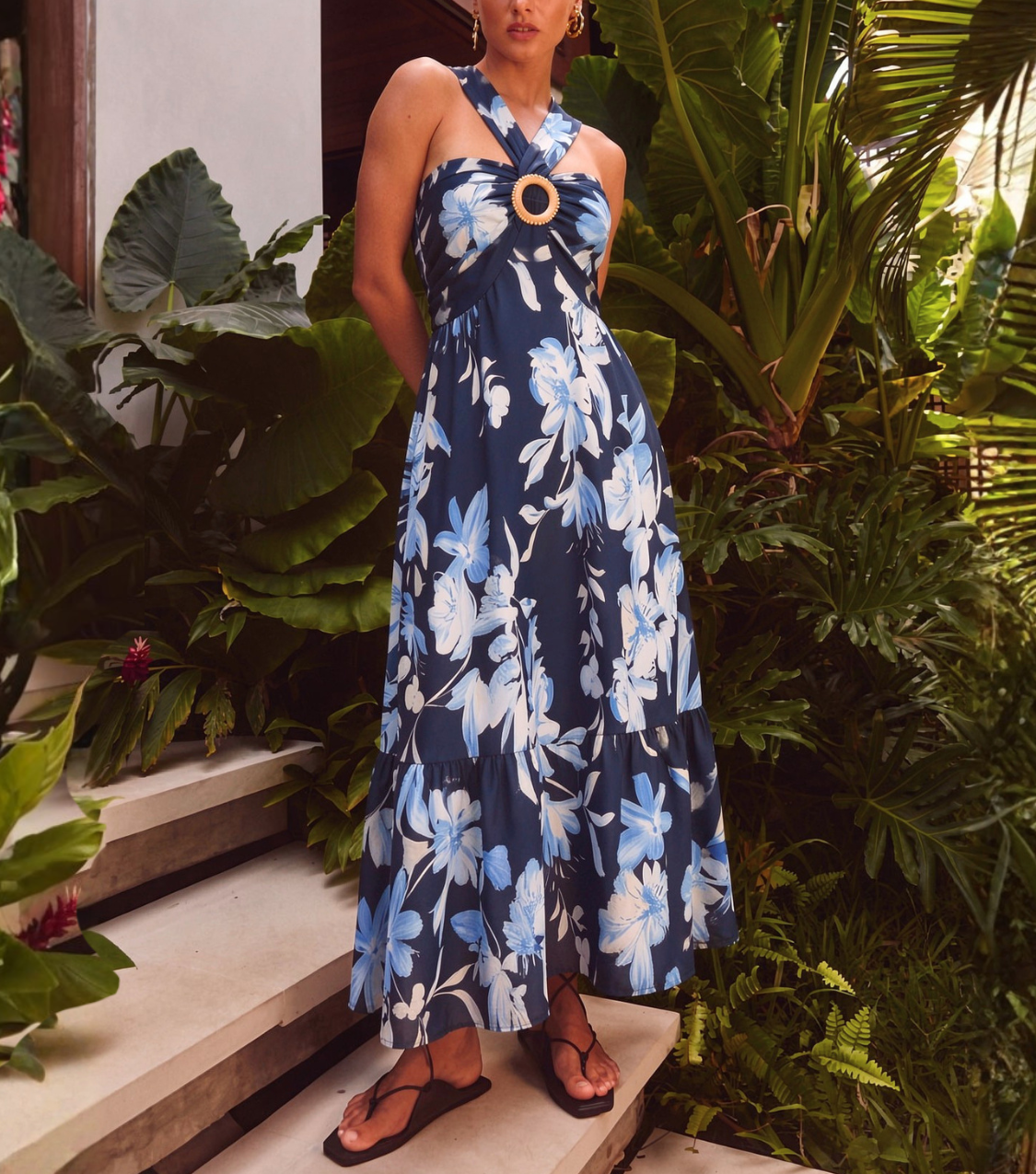 Blue Floral Halter Tiered Maxi Dress