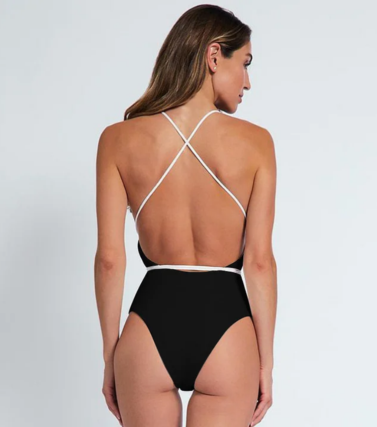 V Neck Flower Color Block One Piece Swimsuit