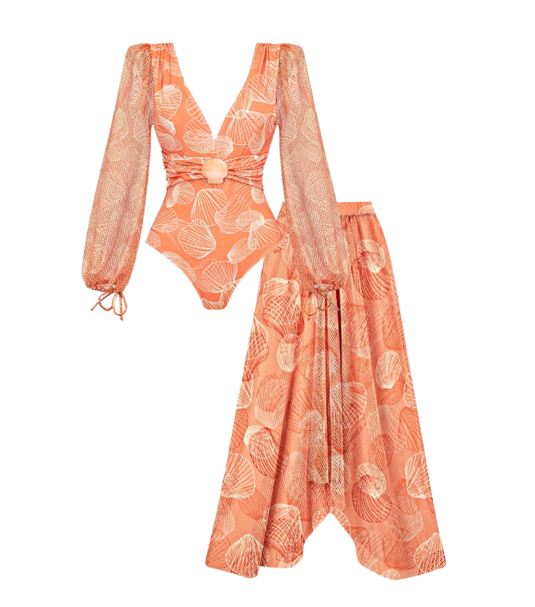 Shell Print Long Sleeve One Piece Swimsuit