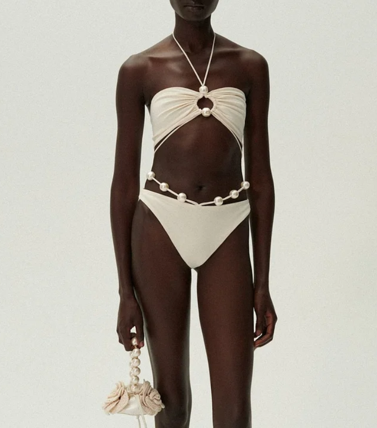 Halterneck Pearl Bandeau High Waist Bikini Swimsuit and Sarong
