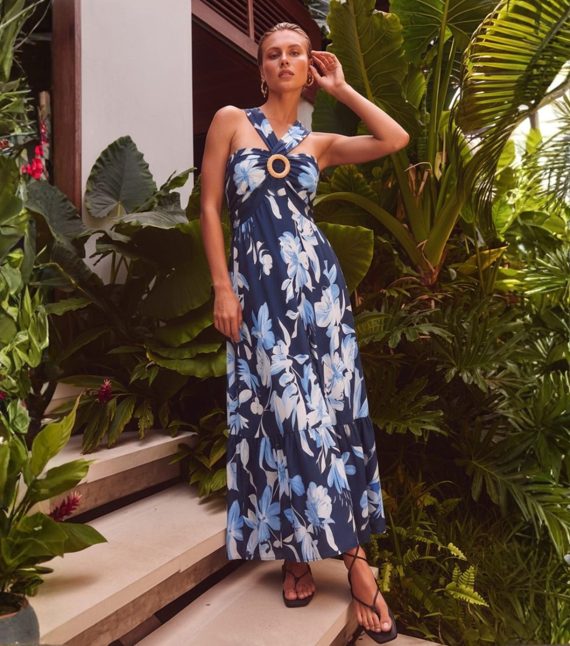 Blue Floral Halter Tiered Maxi Dress