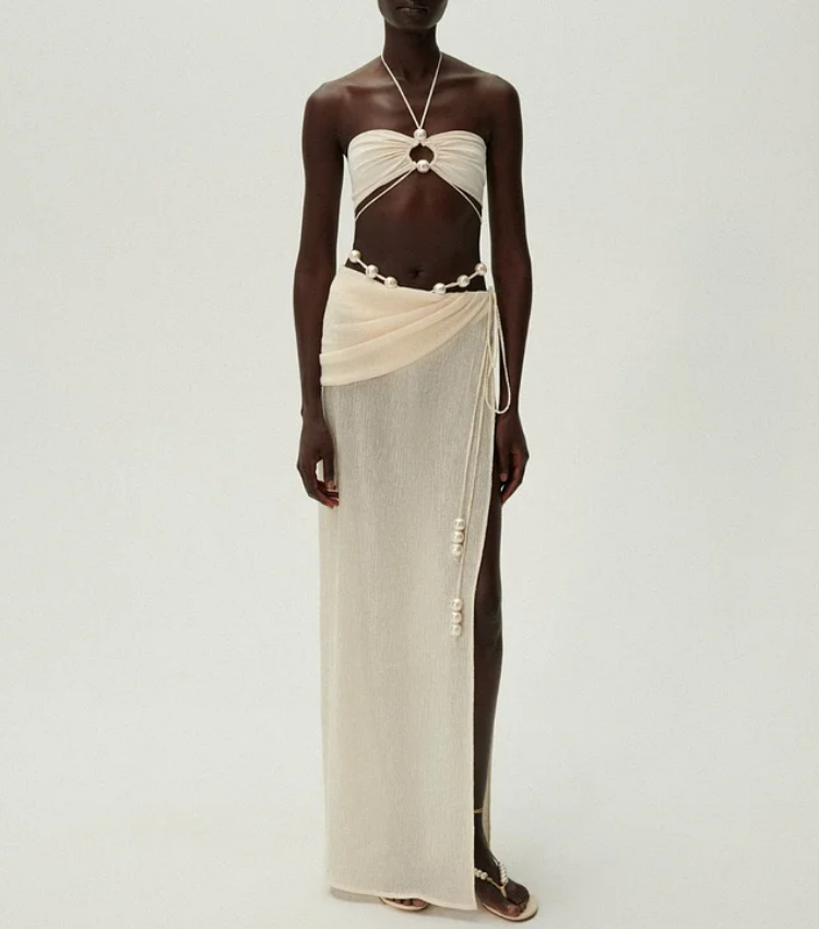 Halterneck Pearl Bandeau High Waist Bikini Swimsuit and Sarong