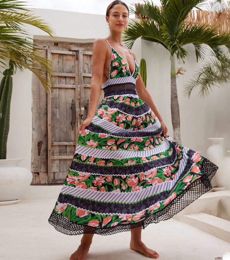 Sling Lace Splicing Printed Swimsuit and Skirt