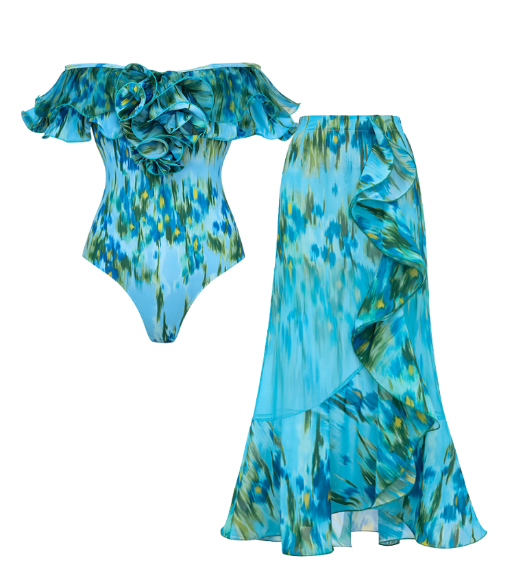 Removable Shoulder Strap Off Shoulder Ruffle Abstract Pattern Print One piece Swimsuit and Skirt