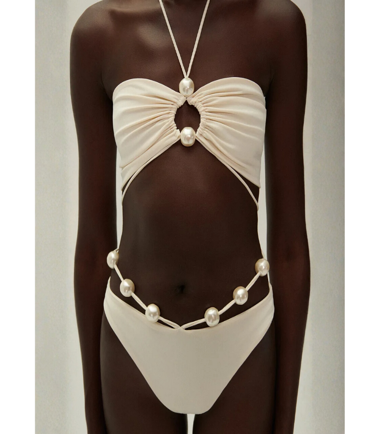 Halterneck Pearl Bandeau High Waist Bikini Swimsuit and Sarong