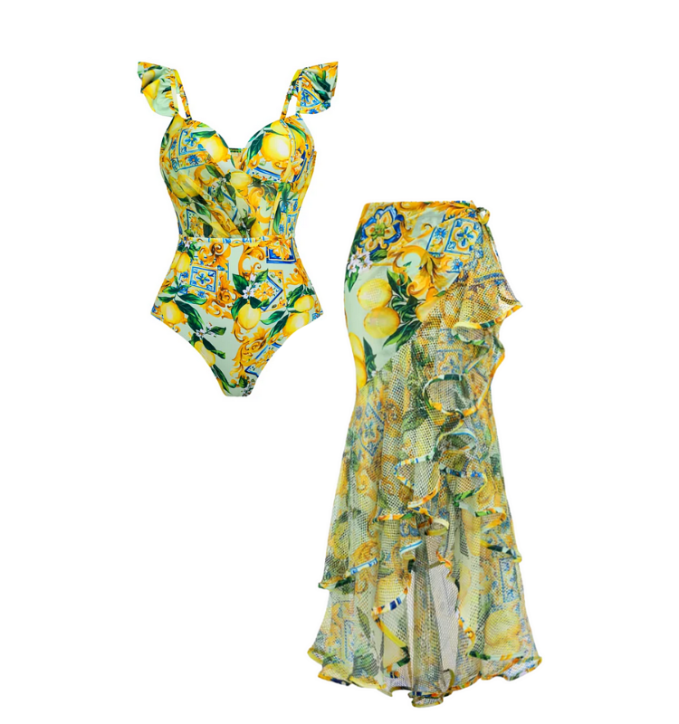 Ruffle Starp Push Up Lemon Print One Piece Swimsuit and Mesh Panel Sarong Flaxmaker
