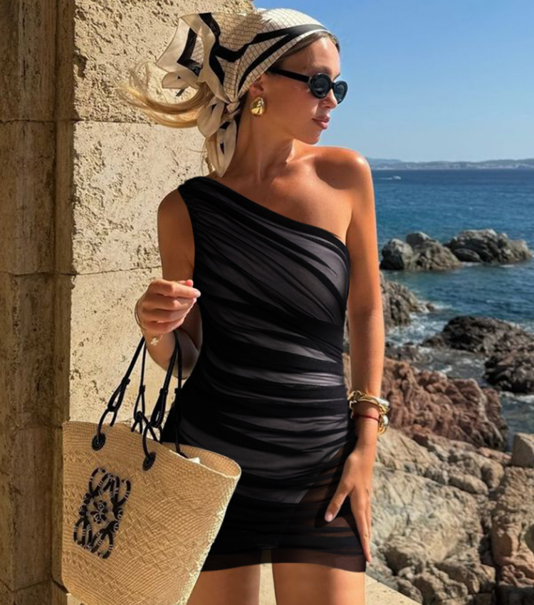 Sheer Mesh Pleated One Shoulder One Piece Swimsuit