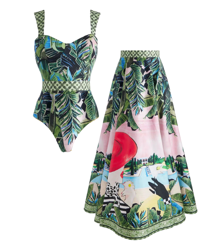 Sling Printed One Piece Swimsuit and Skirt