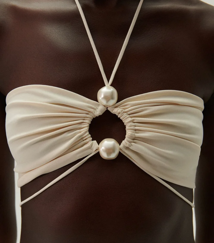 Halterneck Pearl Bandeau High Waist Bikini Swimsuit and Sarong