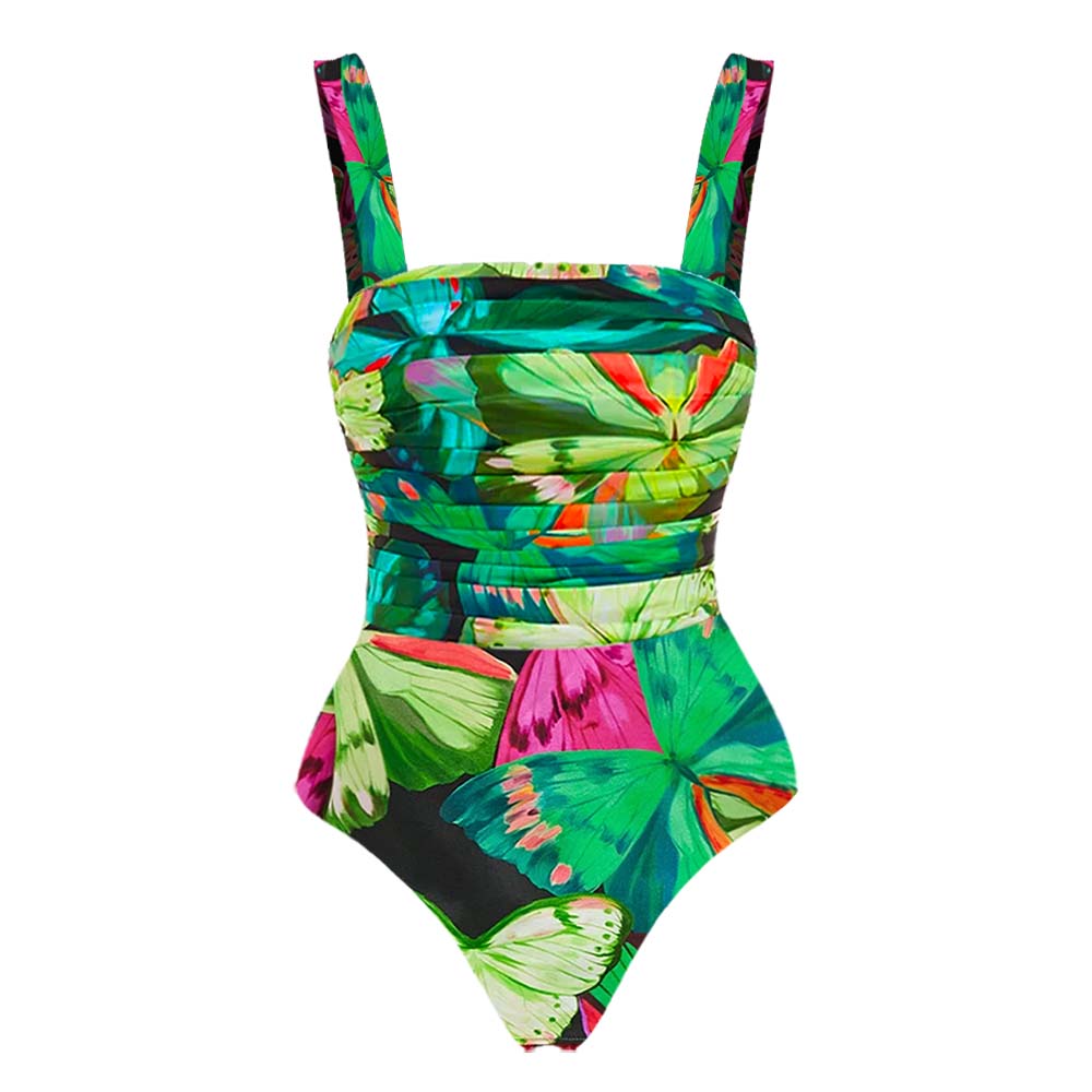 Butterfly Printed One Piece Swimsuit and Skirt