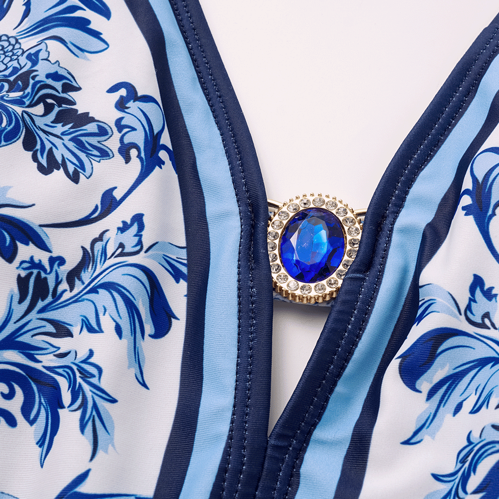 Long Sleeve Flower Color Block Print One Piece Swimsuit and Skirt/Pants