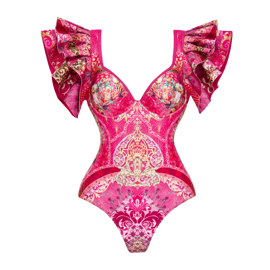 Ruffled Rose Red Blooming Flower Print One Piece Swimsuit and Skirt