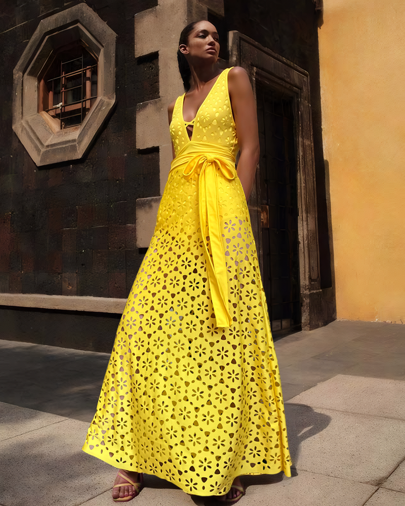 Yellow Color Laser Cutting Flower Hollow One Piece Swimsuit and Skirt