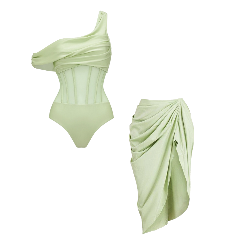 Flaxmaker One Shoulder Net Yarn Splicing One Piece Swimsuit and Skirt