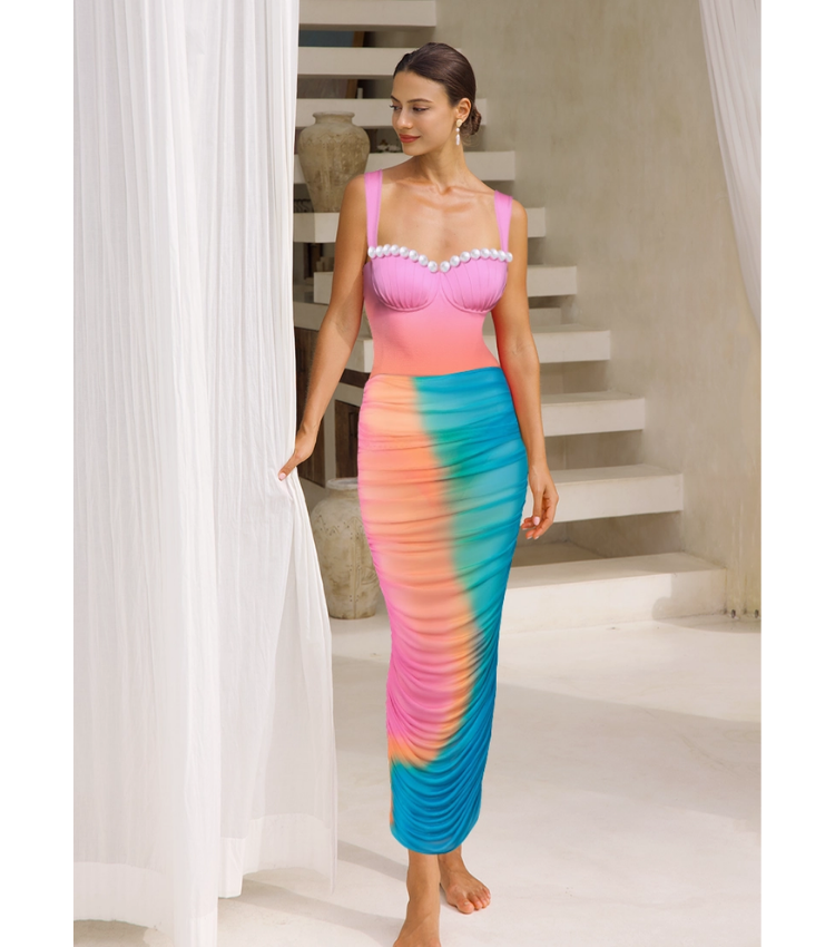 Sling Artificial Pearl Decor Color Block One Piece Swimsuit and Skirt