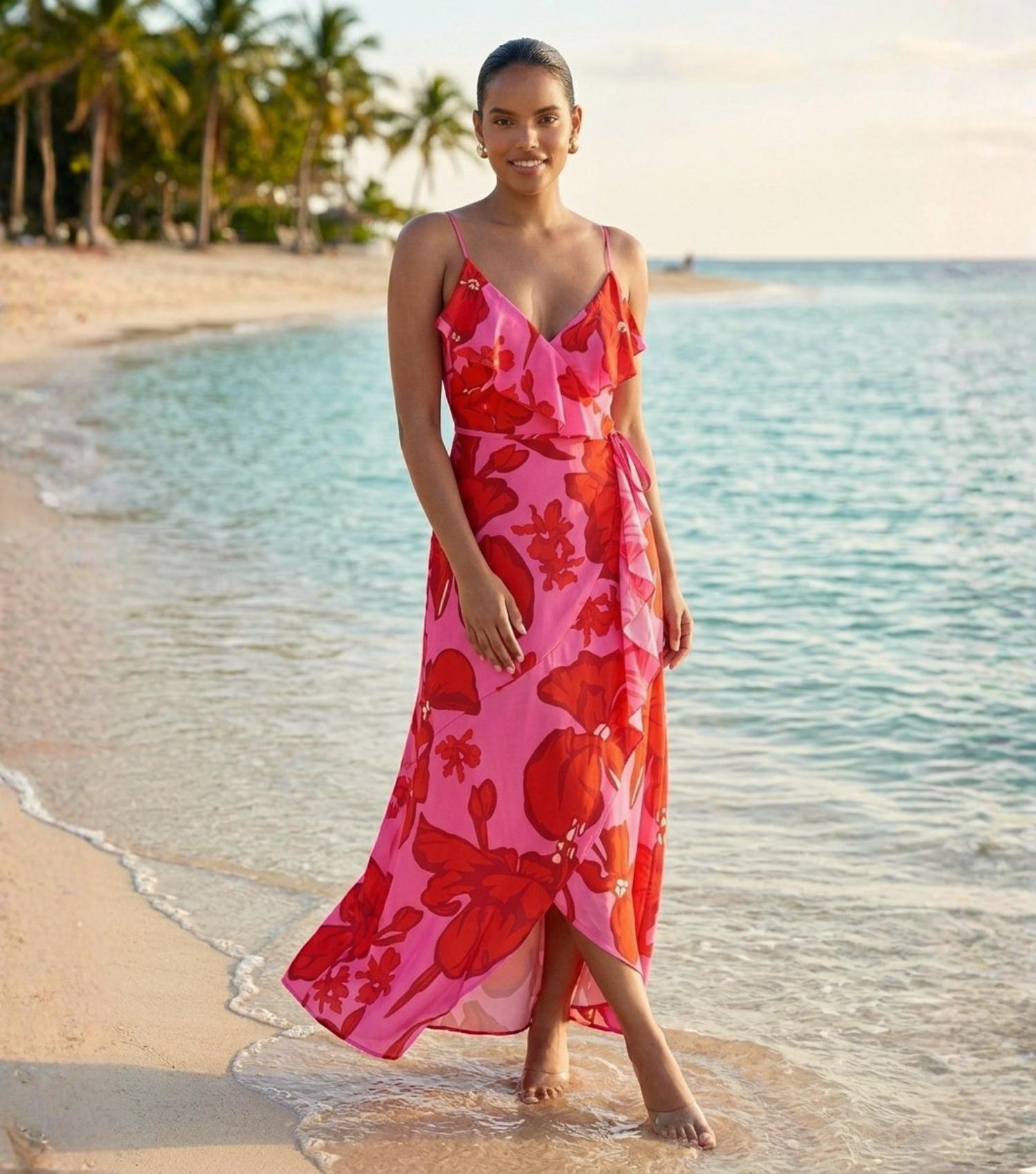 Pink Floral Ruffle Wrap Maxi Dress