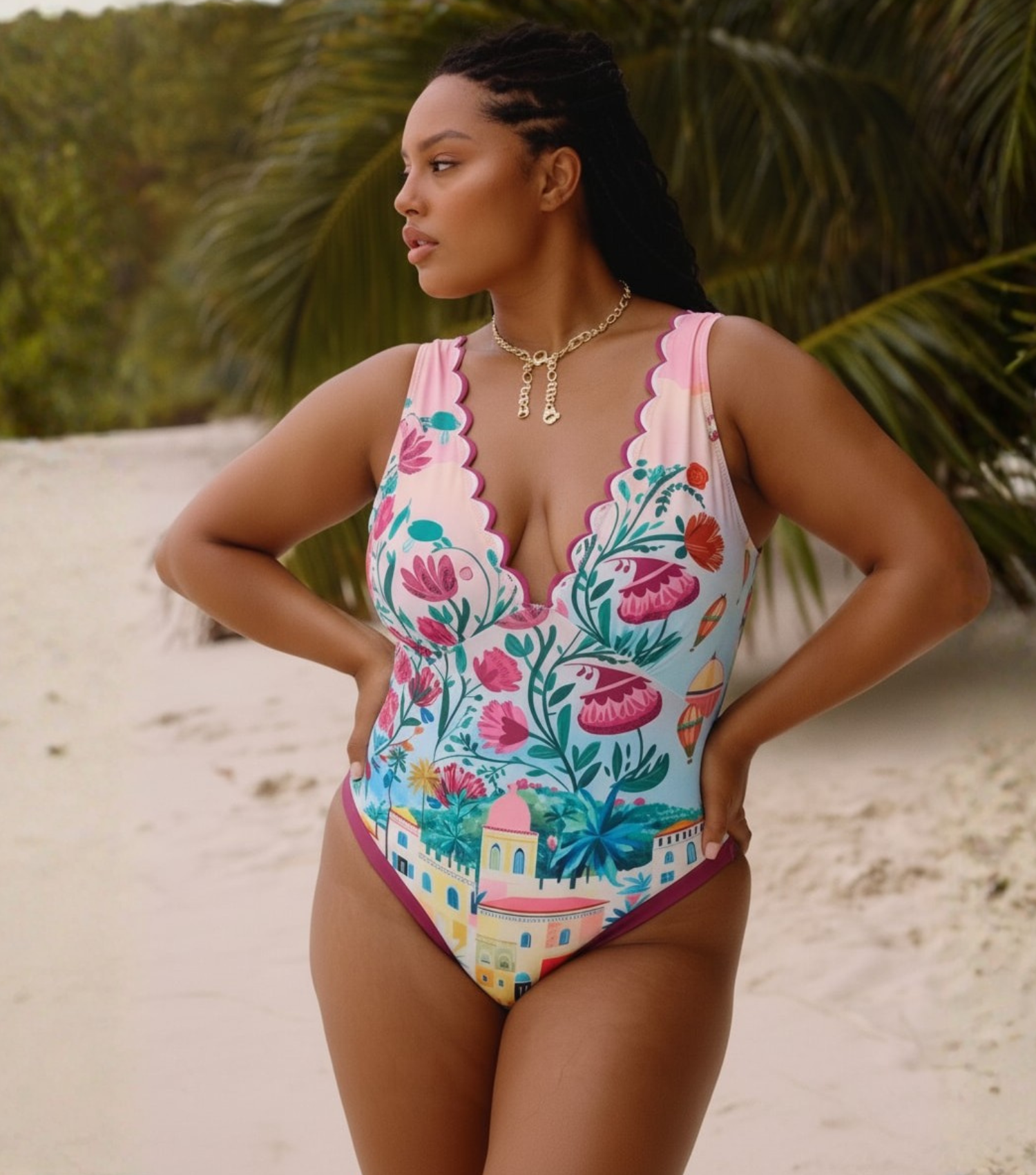 Plus Size Scallop Cut Neck One Piece Swimsuit and Skirt