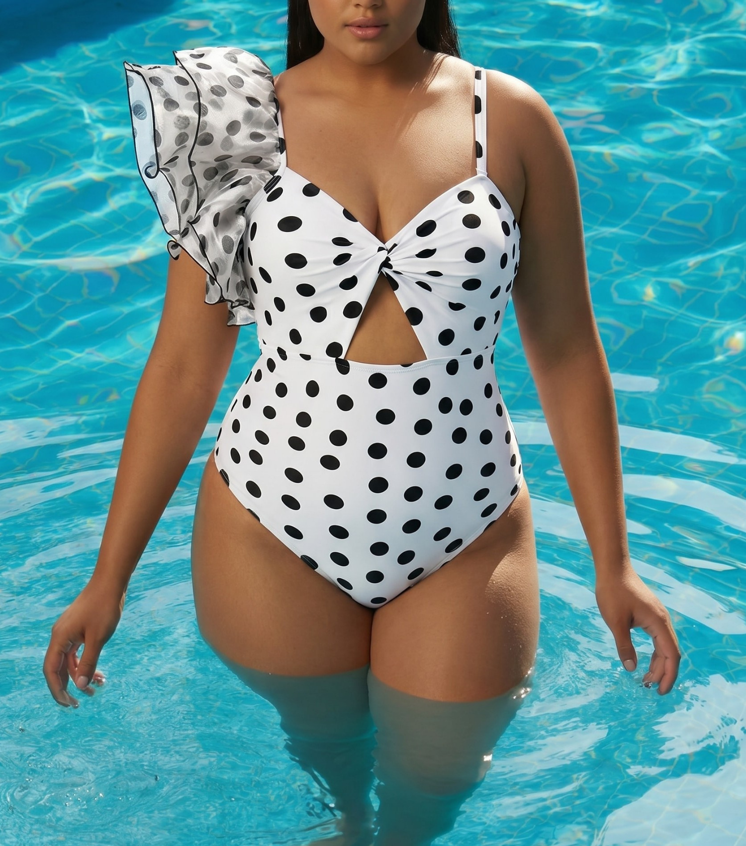 Plus Size One Shoulder Ruffle Dot Printed Cut Out One Piece Swimsuit and Skirt Flaxmaker