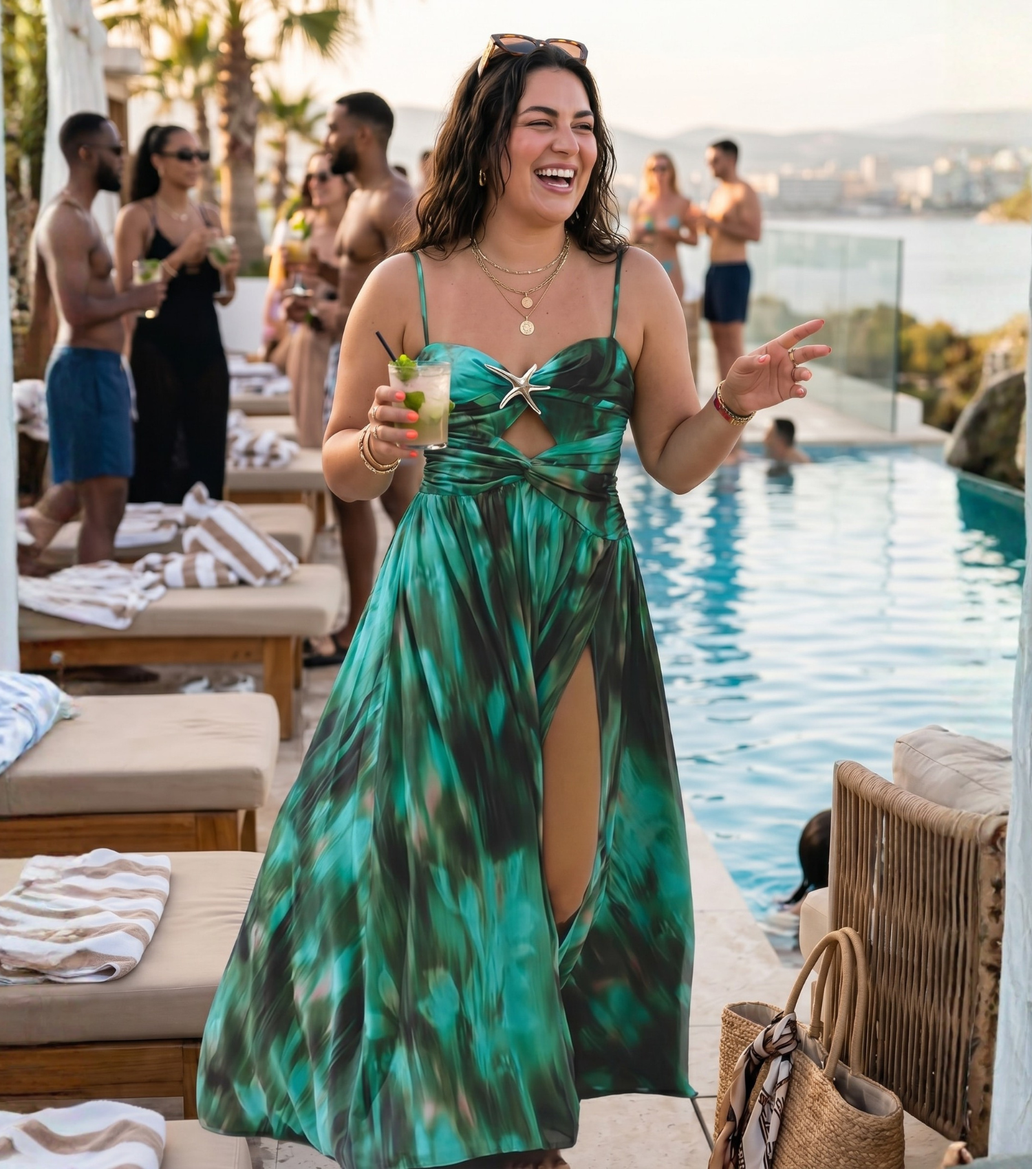 Plus Size Green Printed Pleated Swimsuit & Skirt Set