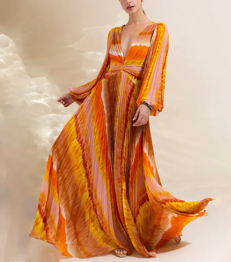 Long Sleeve V Neck Orange Gradient Print One Piece Swimsuit and Skirt