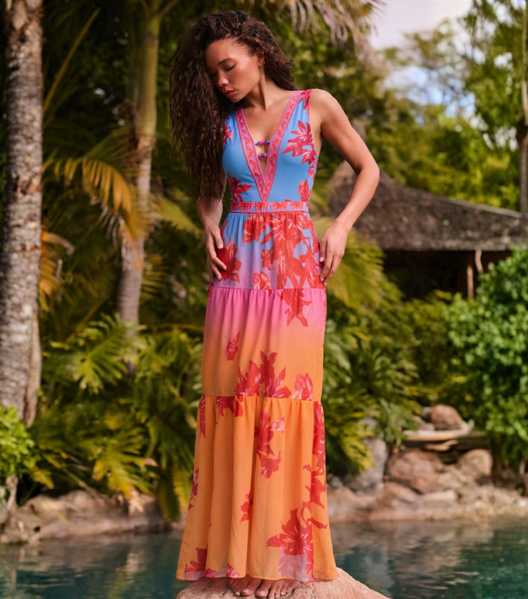 V Neck Bead Accents Blue-Pink-Orange Ombre Flower Print Swimsuit Set(s)