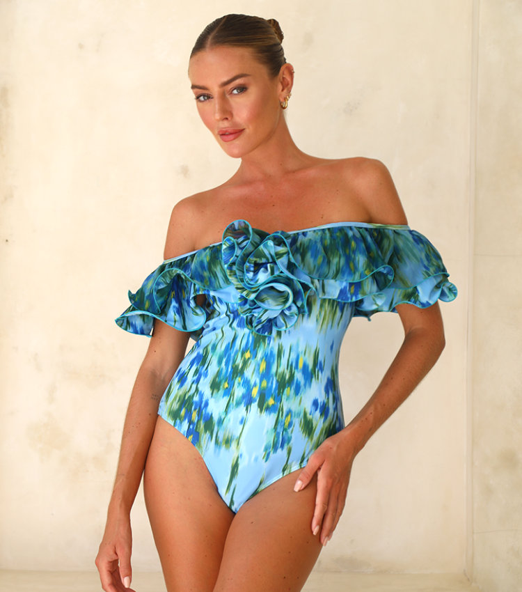 Removable Shoulder Strap Off Shoulder Ruffle Abstract Pattern Print One piece Swimsuit and Skirt