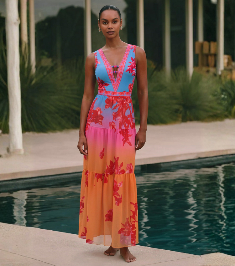 V Neck Bead Accents Blue-Pink-Orange Ombre Flower Print Swimsuit Set(s)