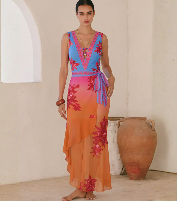 V Neck Bead Accents Blue-Pink-Orange Ombre Flower Print Swimsuit Set(s)