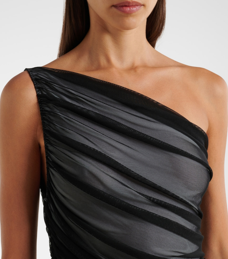 Sheer Mesh Pleated One Shoulder One Piece Swimsuit